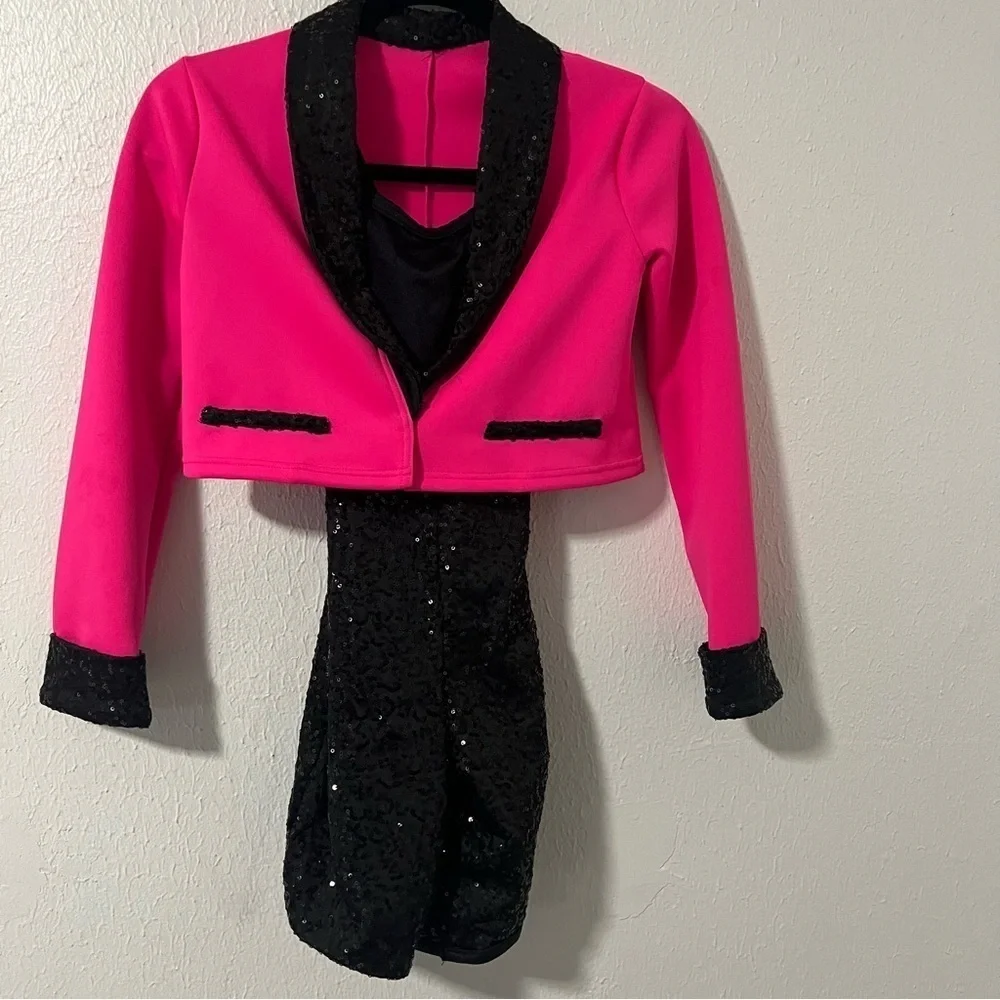 Weissman Dance Costume Girls Hot Pink MC Med 11-12 Jazz Sequin Tap Spandex 14335